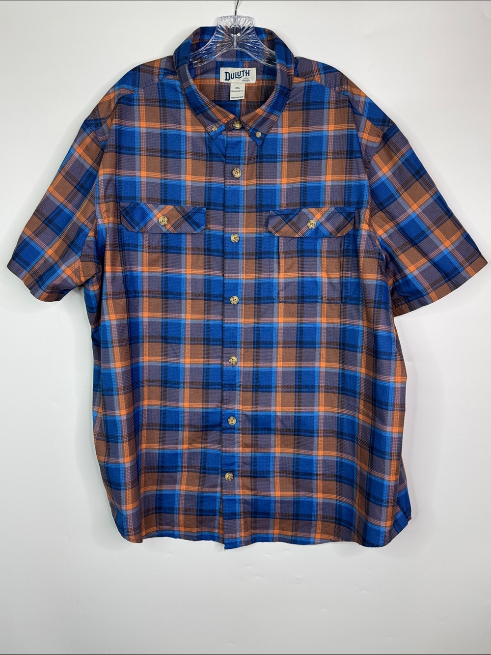 Duluth Trading Co Blue Plaid Breezeshooter Relaxed Fit Short Sleeve Shirt 2XL